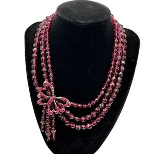 Glass Necklace Multi Strand Purple Faceted Rhinestone Butterfly Vintage